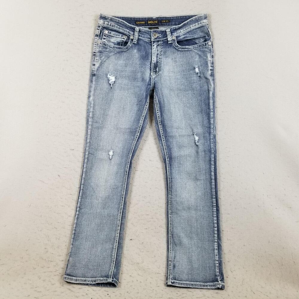 Helix Slim Straight Jeans Mens 33x30 Blue Medium Wash‎ Distressed Denim Pants